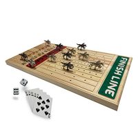 FINENI Horse Racing Board Game with Luxurious Sturdy Traditional Metal Horses, 11 Objects, 2 Colors (5 Shadowy, 6 Silver), Precise Pine Wood Horseracing Game Board, Dice and Cards