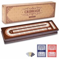 AMEROUS Wooden Cribbage Board Game Set with Magnetic Lock – Metal Pegs – 2 Playing Cards – Continuous 3 Track Board – Larger Storage Area…