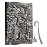 Loong Jian Dungeons and Dragons Gifts,DND Notebook，3d Dragon Embossed Journal with Glowing Retro Dragon Claw Bookmarks, Handmade leather journal (Silver Dragon)