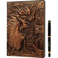 DND Notebook / Journal, Unique 200 Page Book with 3D Bronze Dragon Embossed Faux Leather Cover with Pen- Ideal for Dungeons & Dragons / D&D.…